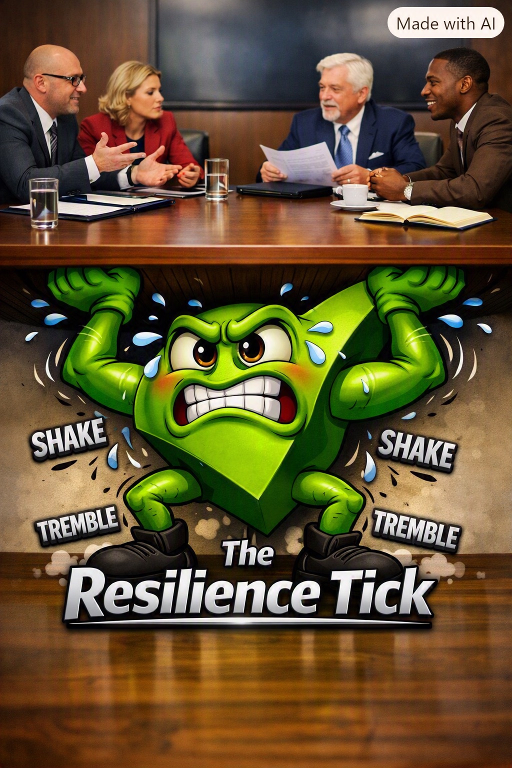 Board members talking around a boardroom table while, unseen beneath it, a straining green cartoon tick with muscular arms holds the table up, sweating, captioned “SHAKE”, “TREMBLE” and “The Resilience Tick”.