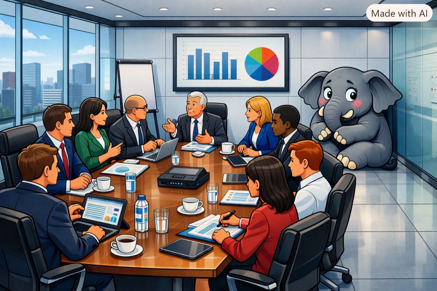 A boardroom of executives in animated discussion around a table covered in laptops, papers and coffee cups, while a large cartoon elephant sits quietly in the corner of the room, entirely unacknowledged.