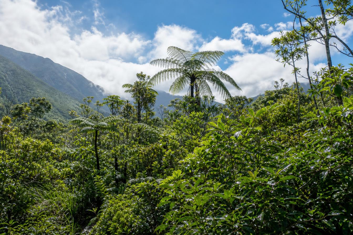 Native forest after rain with bright sunlight and vivid greens